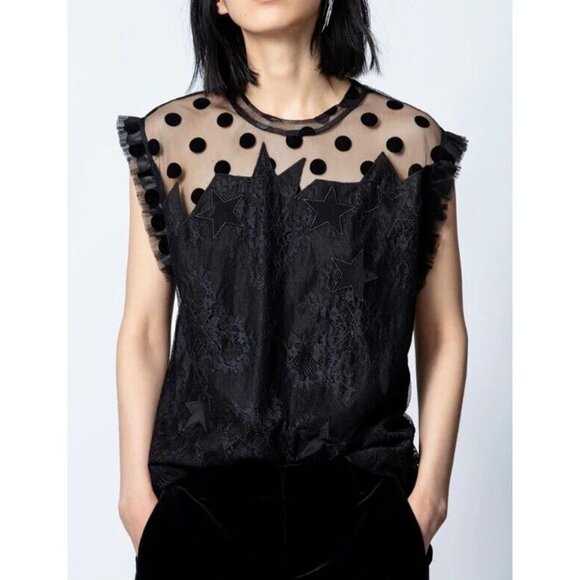 NWOT$348 ZADIG & VOLTAIRE Tetro Lace Illusion Top Black Stars Dots Silk Lining M - Picture 1 of 12
